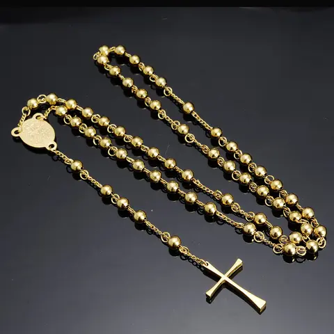 Women's 14K Gold-Plated Beaded Elegant Faith Necklace - Catholic Crucifix Pendant, Female Layer-ready Chain, Classic Religious Costume Jewelry for Daily Casual Wear