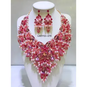 Luxury Gold Color Big Rhinestone Bridal Jewelry Sets Crystal Statement Necklace Earrings Sets Wedding Jewellery Set