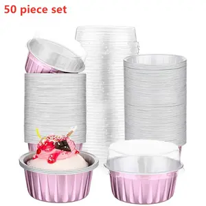 50 Pack Pink Aluminum Foil Dessert Cups with Lids, 5 Oz Disposable Mini Baking Pans for Cheesecake, Pudding, Egg Tarts, Cupcakes, Tiramisu and Dessert Takeout Packaging, Perfect for Catering, Club Events, Weddings and Parties