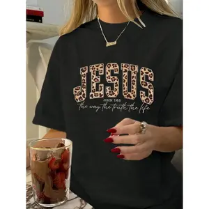 Christian Jesus T-Shirt, Leopard Print Bible Verse Top, Fashion Faith Clothing Gift, Love Truth Life Women's Tee, Casual Loose-Fitting, Womenswear graphic tee