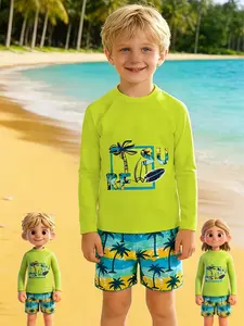 Beach Vacation Swimwear Set, Fluorescent Long Sleeve Surf Suit + Coconut Tree Print Shorts, Essential for Water Play, Swimsuit Set, Swimwear Outfits