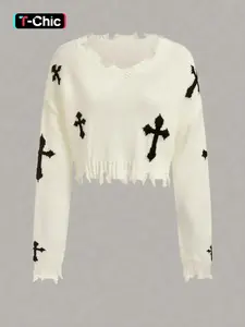 Women's Geometric Cross Print Ripped Drop Shoulder Crop Sweater, Street Fashion Chic Style Long Sleeve V Neck Jumper for Daily Outdoor Wear, Ladies Stretchy Knitwear for Spring & Fall Clothes, Casual Sweater for Women, Trending Clothing Women, Piece