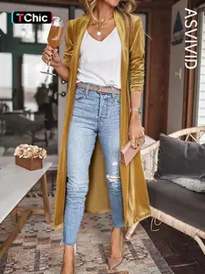 Women's Solid Pocket Shawl Collar Velvet Longline Coat, Casual Chic Long Sleeve Open Front Outerwear for Spring & Fall, Ladies Clothes for Daily Wear, Womenswear