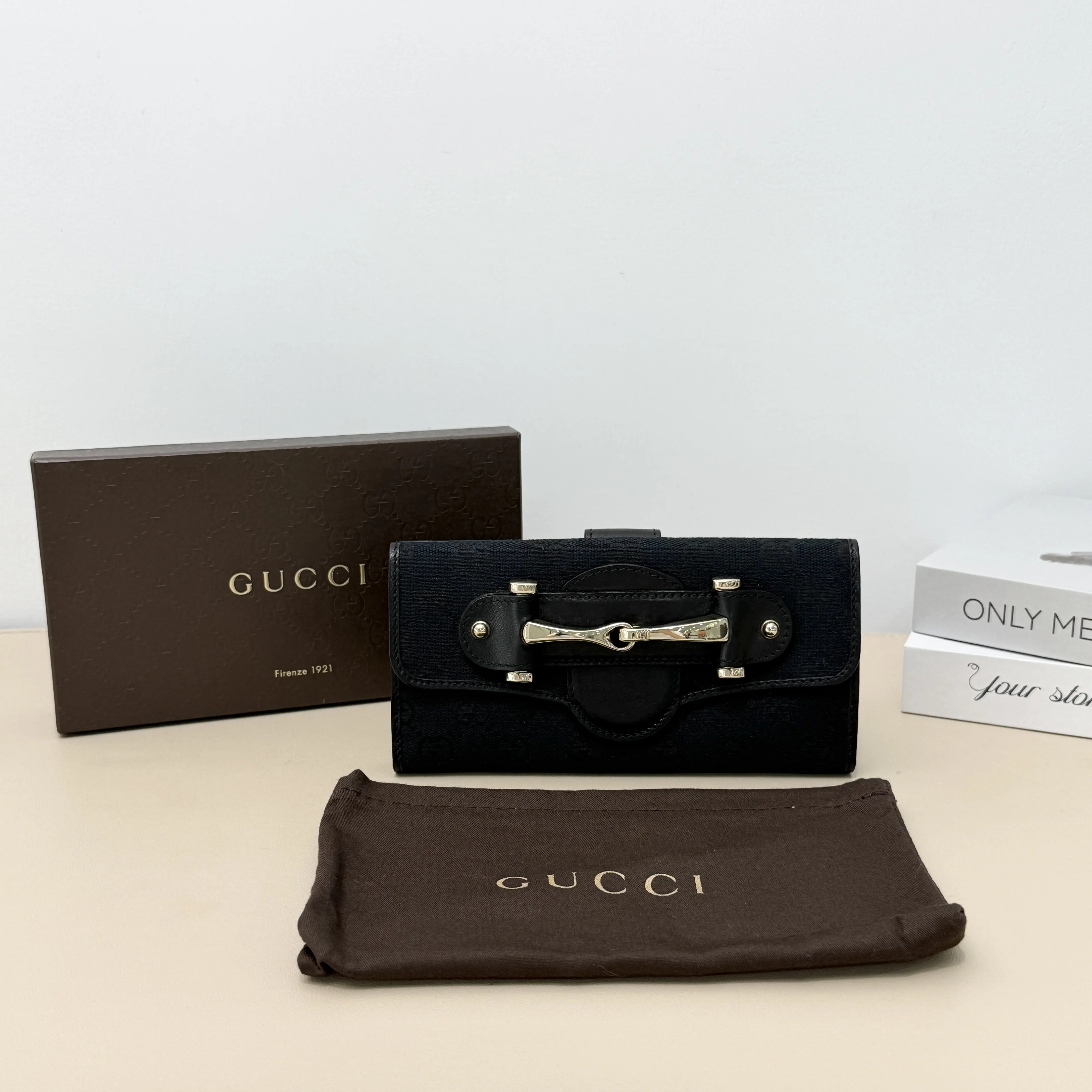 Pre-owned GUCCI Canvas Small leather goods Horsebit Black GG Long Flap Clutch Wallet B8071206