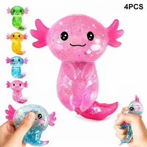 4PCS Glitter Axolotl Squishies Set, Sensory Fidget Squeeze Toys For Stress Relief, ASMR Anxiety Relief Water Balls, End Of Year Classroom Prizes Birthday Party Favors For Kids Teens