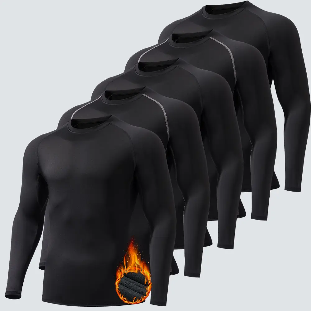 Veldtholos Men's 5-Pack Fleece-Lined Thermal Compression Shirts - Cold Weather Activewear Underwear with Breathable, 4-Way Stretch, Moisture-Wicking Fabric for Daily Athletic Use
