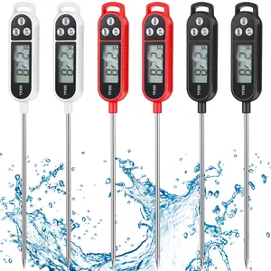 6 Pcs Read Meat Thermometer with Long Probe 9.65 Inch Cooking Food Candy Waterproof Thermometer for BBQ Milk Yogurt Liquid (Round&Square Ring,Black,White,Red)