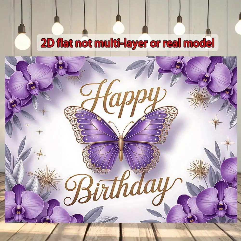 Purple 2D Flat Polyester Happy Birthday Butterfly Banner - Summer Vibe Home & Party Decoration, Photo Prop (Home Supplies, Festive & Party Supplies, Backdrops & Banners), Purple Happy Birthday Banner