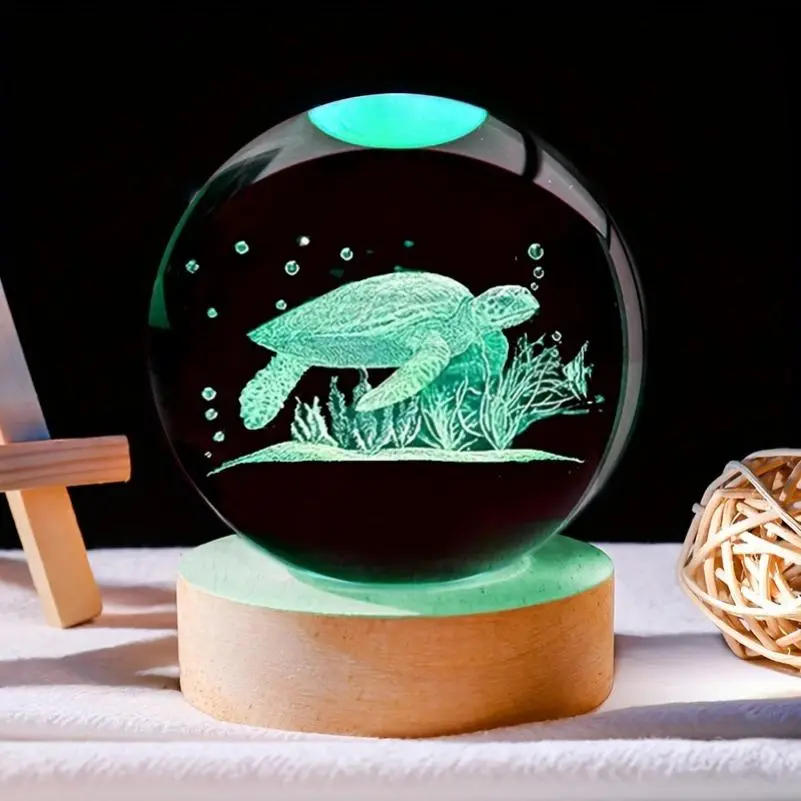 1pc 60mm Color Change Enchanting 3D Turtle Crystal Ball Night Light - Ideal Gift for Ocean Enthusiasts, USB Powered with Colorful LED Wooden Base, Perfect for Home & Office Decor