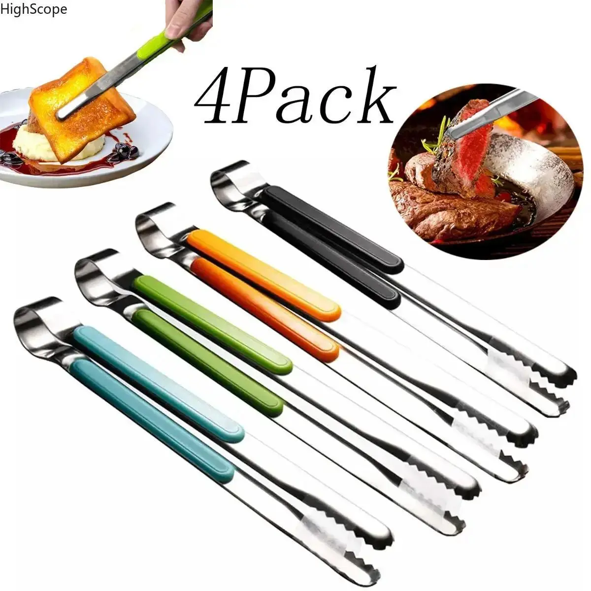 Stainless Steel Kitchenware Set of 4 Heavy Duty Cooking Tongs, Heat-Resistant with Non-Slip Grips for BBQ and Serving