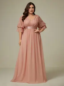 Elegant Plus Size V-Neck Lace Splicing Chiffon Waist Cinching Flowy A-Line Long Bridesmaid Dress, Formal Party Gown