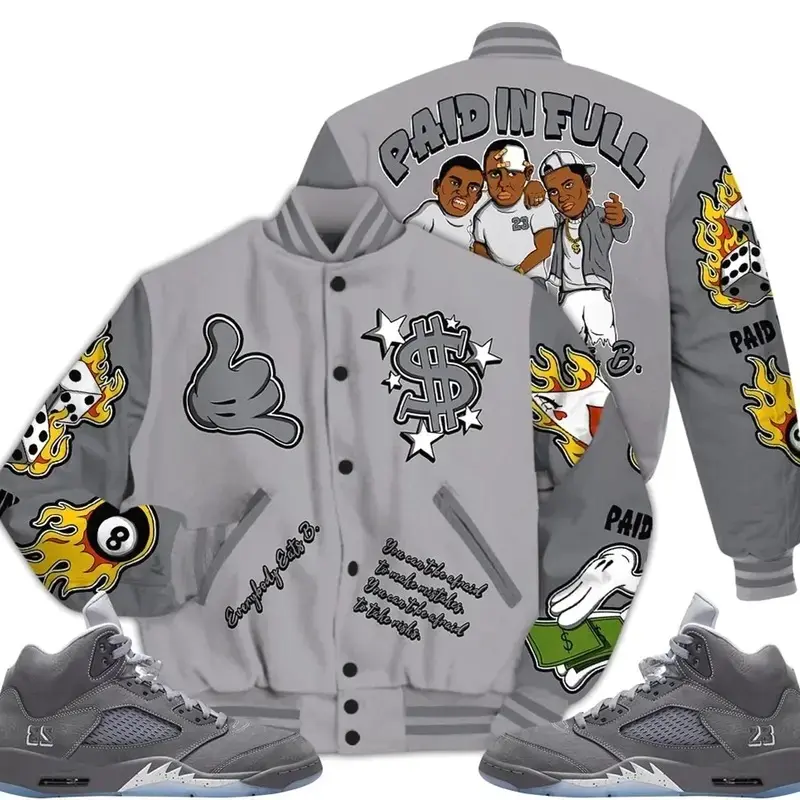 5 Wolf Grey Varsity Jacket, Retro Wolf Grey 5s Outfits, Money Paid In Full Unisex T-Shirts To Match Sneakers, Streetwear Style Urban