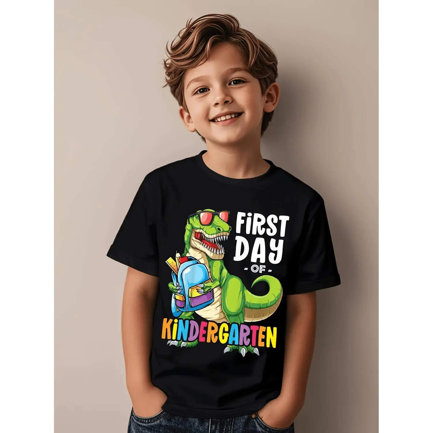 Fun and Cool Dinosaur Print T-Shirt for Kindergarten First Day, Casual Kids' Tee, Street Style Children's Top