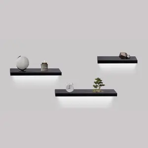 3-Set 31.5in Black Built-in LED Decorative Floating Shelves, Wall-Mounted with Invisible Brackets, Lightweight MDF Maple for Bathroom & Kitchen Storage, Easy Installation for Books & Aesthetic Room Decor