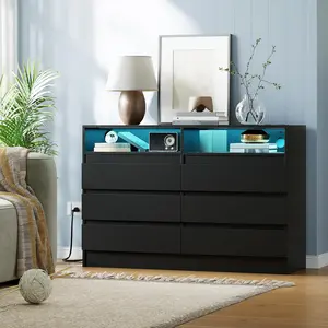 6 Drawer Dresser with Charging Station and LED Lights, Modern Chest of Drawers with Power Outlet, Organizer Cabinet for Bedroom, Living Room, Entryway