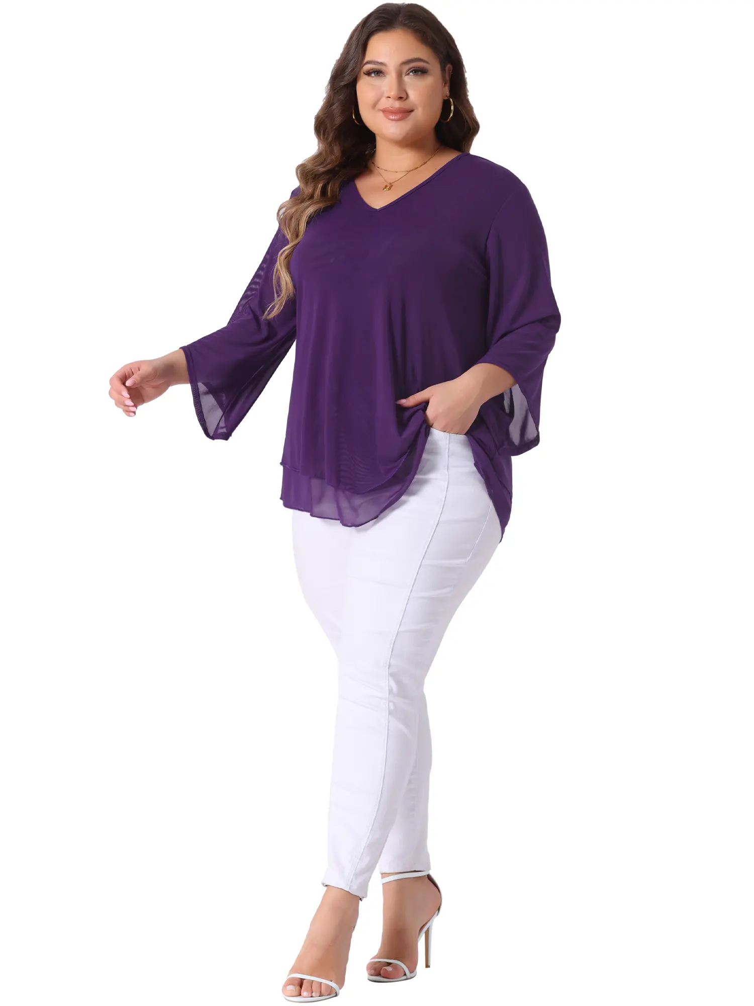 Agnes Orinda Plus Size Shirt for Women 3/4 Sleeve Scoop Neck Double Layers Chiffon Blouses Tops
