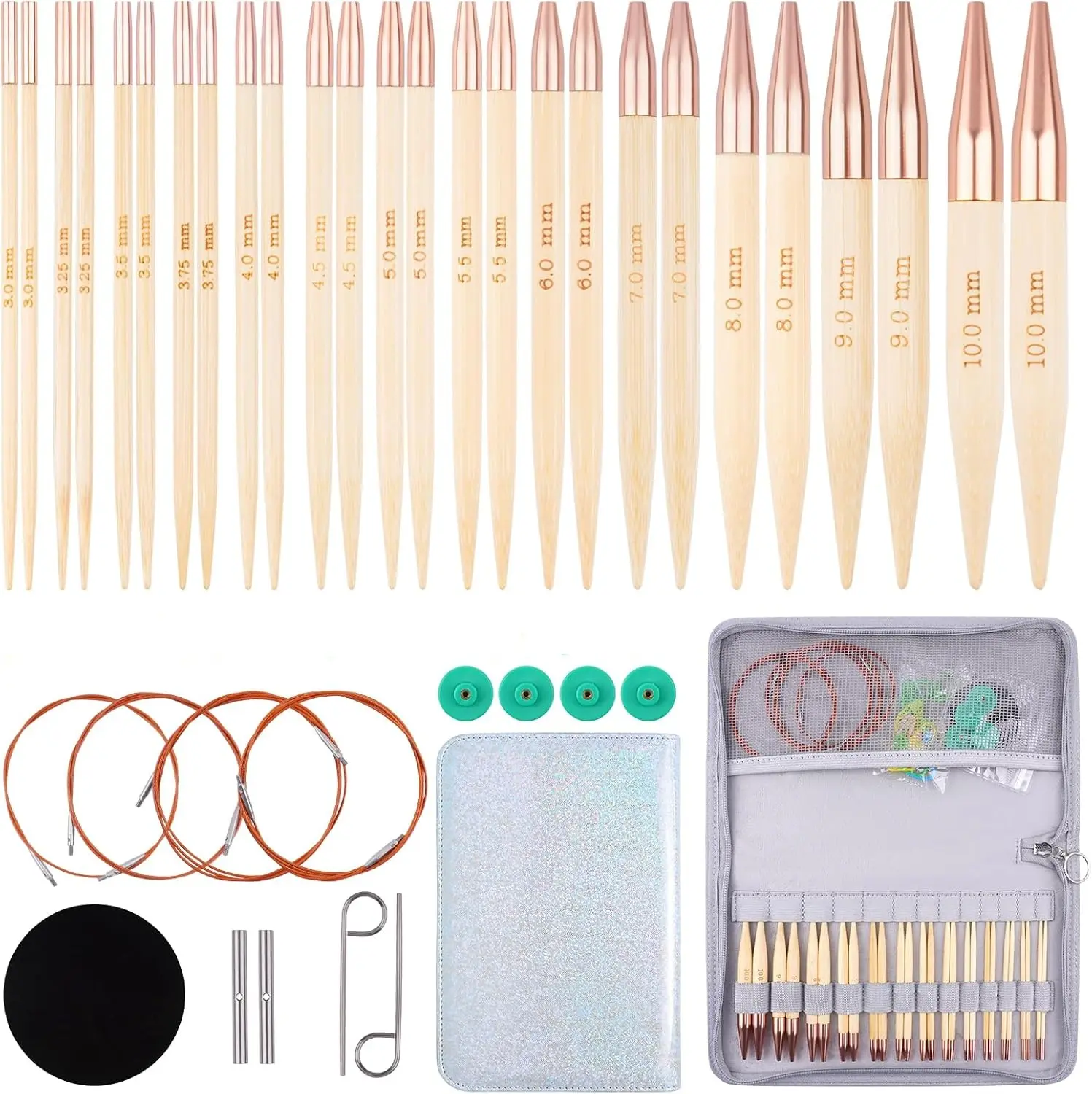 Bamboo Circular Knitting Needles Set,13 Pairs Interchangeable Knitting Needles Kit with Storage Case,3mm-10mm Knitting Needles with Cables US 2.5-15