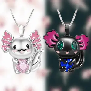 2Pcs Cute Cartoon Black And White Axolotl Zinc Alloy Pendant Necklace Exquisite Couple, Sisters Pet Animal Jewelry Accessories To Send Relatives And Friends Birthday Holiday Christmas Jewelry Gifts