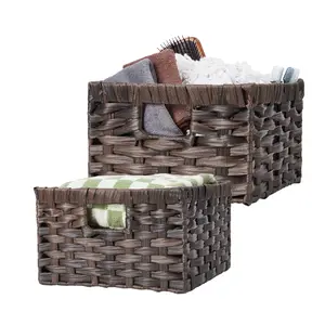 Handwoven Water Hyacinth Storage Baskets, Set of 2 – Decorative Organizer Bins for Home Shelves – Sturdy Built-in Handles – Ideal for Living Room, Bedroom, Closet – Brown – Size: Large 29x29x18cm, Medium 26x26x16.5cm