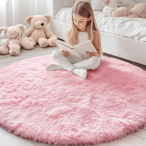 Rugs for Bedroom - Machine Washable, 4x4 Feet Circle Area Rugs for Living Room, Soft and Fluffy Shaggy Carpet White Fluffy Rug Pink Bedroom Rug