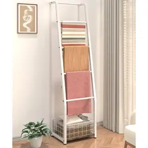 6.3ft Blanket Ladder with Storage Basket, 5 Tier Decorative Ladder Shelf Stand for Living Room & Bedroom, Wall-Leaning Blanket Holder Quilt Rack for  Decor, Rustic Brown & White