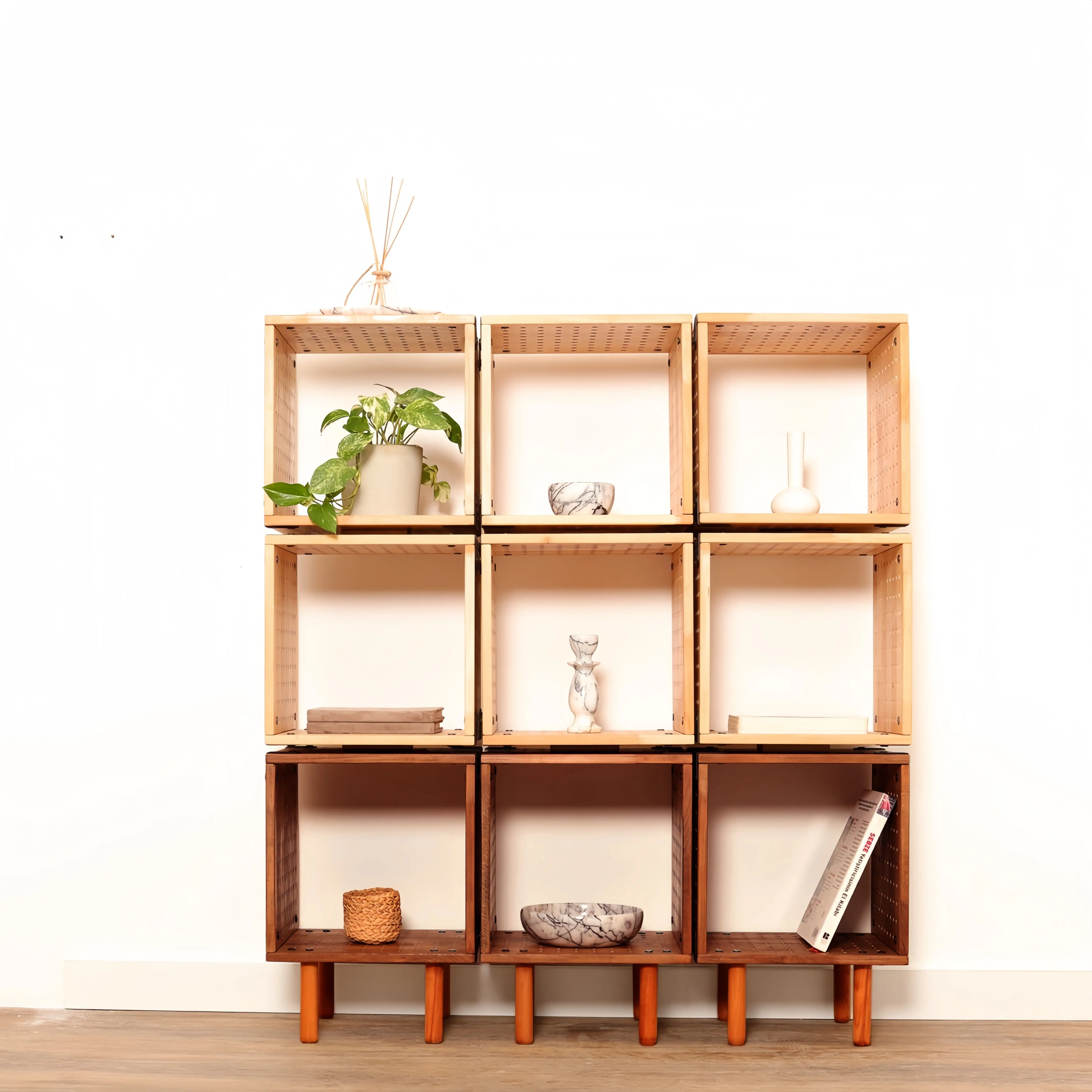 Contemporary Modular Pegboard Wooden Cube Shelving System - Precision-Crafted Cubes with Integrated Side Pegboards, Tool-Free Quick Setup Home Organizer, Stackable Customizable Retail Display for Bedroom Collectibles
