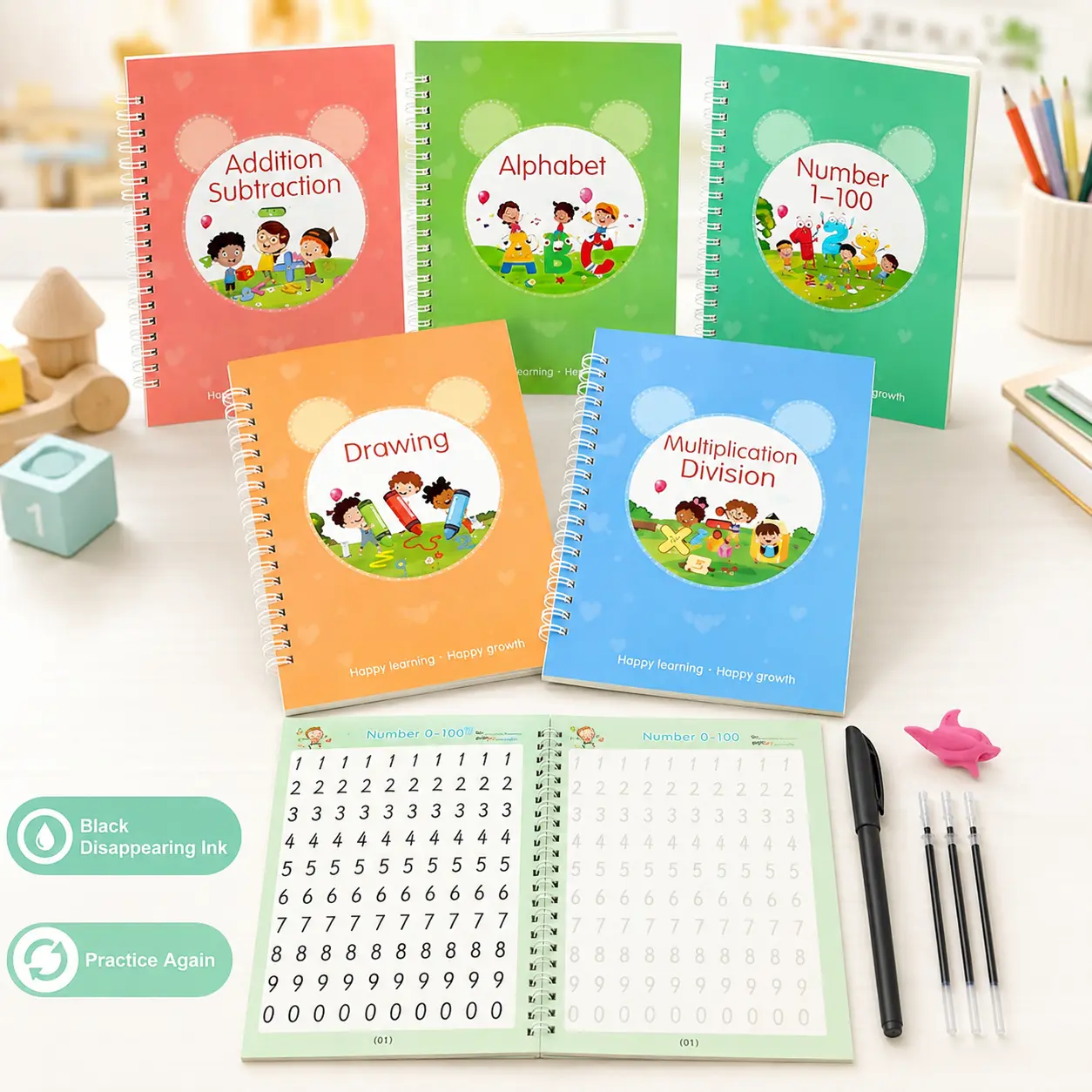 Kids Handwriting Practice Workbook Set 5 Spiral Grooved Tracing Books with Disappearing Ink Pen Replacement Refills and Writing Grip Preschool Alphabet Number Math Drawing Activities Colorful Compact Portable