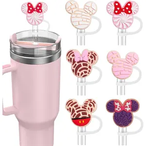 6PCS Straw Covers for Stanley Cup Tumbler 30 oz / 40 oz Leak Proof Straw Toppers 10mm Silicone Cute Straw Stopper Caps for Stanley Cup Accessories-Pink Mice