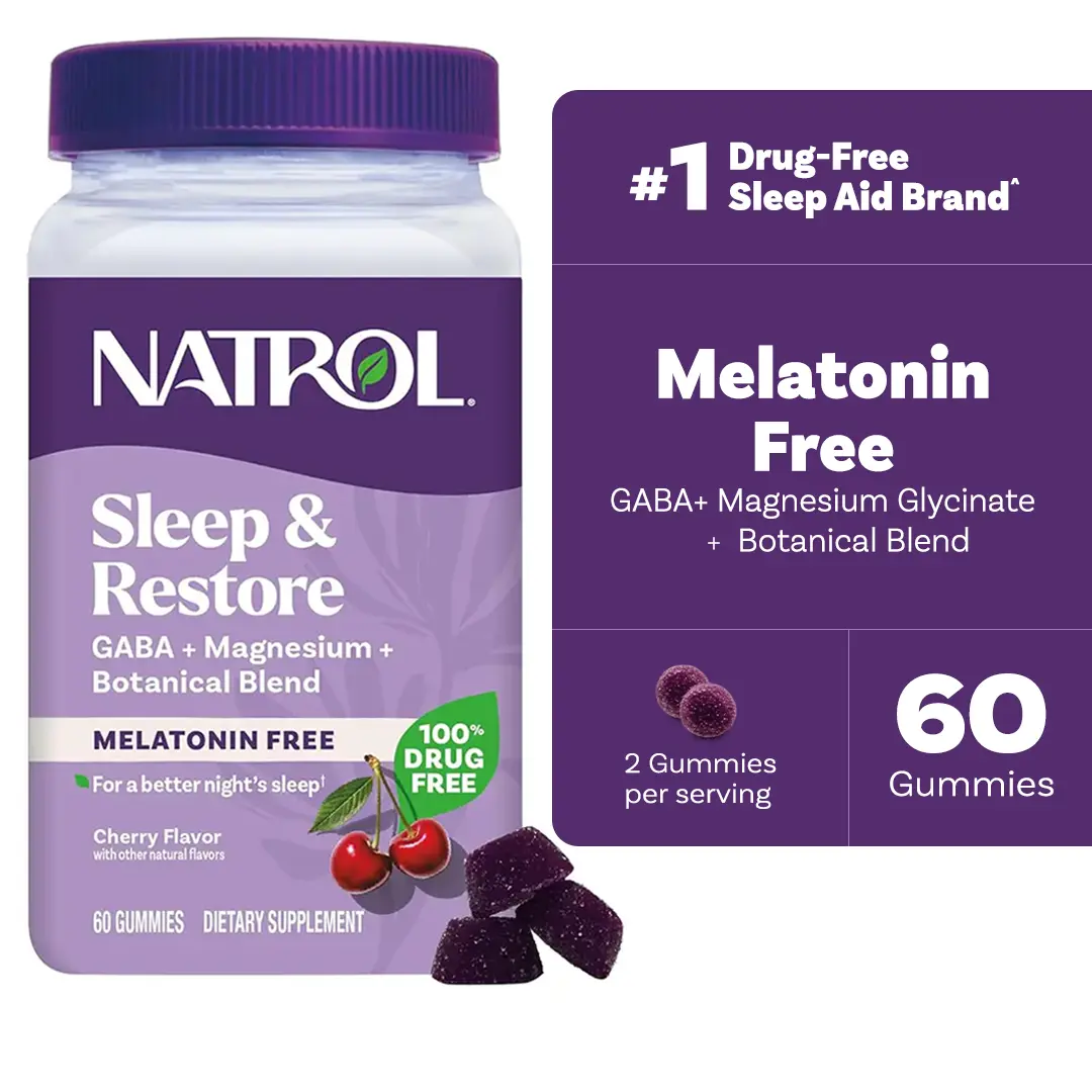 NATROL Non-Melatonin Sleep & Restore Chewable Deep Sleep Gummies, 60 Count, Gelatin-Free, Magnesium & GABA Infused, Cherry-Lemon Flavor, Cane Sugar, Edible Dietary Self-Care Supplement