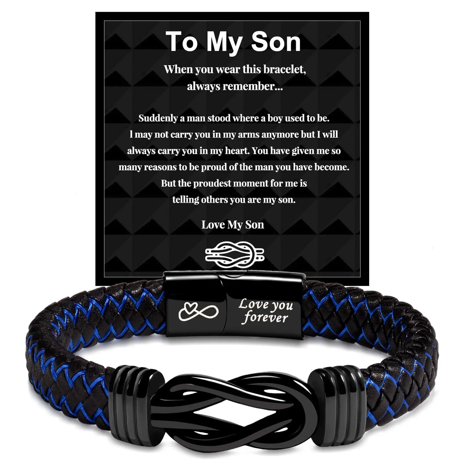 1PC Unique Gift for Son, Birthday Gifts for Son from Mom Leather Bracelet, Leather Braided Bracelet, Knotted Bracelet Jewelry for Son from Dad, Bracelet for Daily Wear Gift for Son Emotional Expression Love You Forever