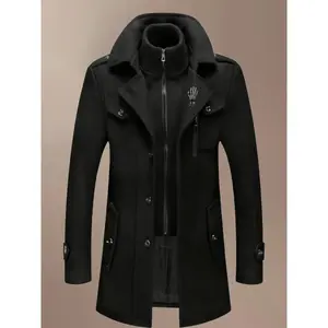 Men's Fashion Double Collar Mixed Fiber Long Coat, Zipper and Pocket Design, Warm and Durable, Suitable for Business or Casual Autumn/Winter, Casual Fashion Jacket
