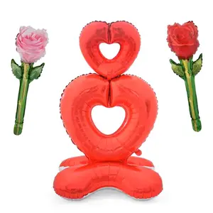 Big Heart Balloon with Base Huge Heat Shape Balloon with Rose Balloons Simulation Flowers Foil Balloons for Valentines Day Wedding Engagement Anniversary Romantic Party Decorations 3 PCS