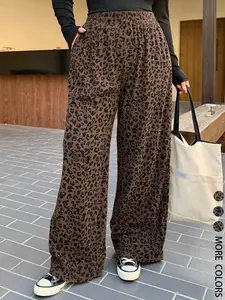 Women's Casual Leopard Print Elastic Waist Corduroy Loose Fit Pants, Comfortable and Stylish,  Suitable for All Seasons, Comfortable and Stylish, Perfect for Daily Wear, All Season, Back To School Clothes