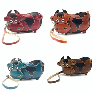 Handmade Vintage Genuine Leather 3D Animal Cow Money Coin Purse with wrist strap; Removable strap