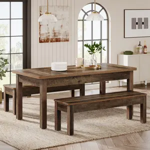 LITTLE TREE Farmhouse Kitchen Table Set for 4-6, 55-Inch Wooden Dining Table with 2 Benches, Space Saving 3 Pieces Heavy Duty Dinette for Dining Room, Kitchen, Small Space (Wood Hemp)