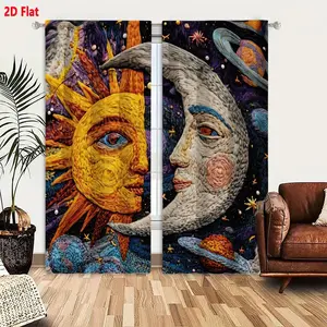 2D Flat Ramadan Curtain Set 2 Panels, Sun & Crescent Moon Embroidered Style Cosmic Themed, Rich Textured Hand - Crafted Design with Celestial Elements, Perfect for Fasting Decor, Deep Purple Background with Planets & Stars