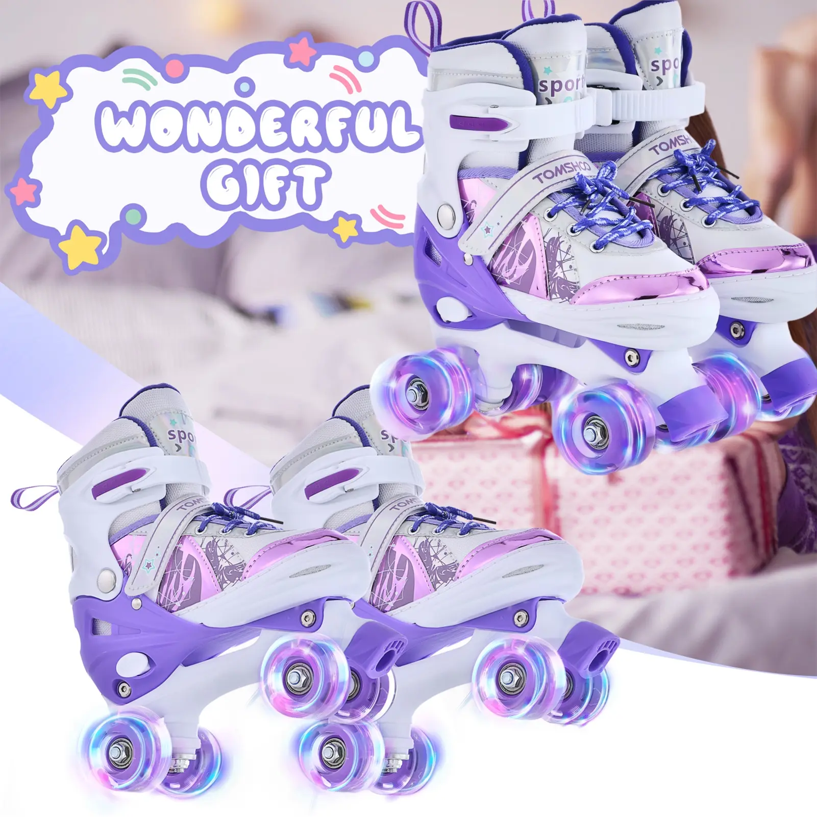 Children's Adjustable Inline Skates with LED Light-Up Wheels, 4-Size Fit with Unique Shoe Surface Design for Fun Outdoor Play, Luminous, Skate Wheels, Flashing