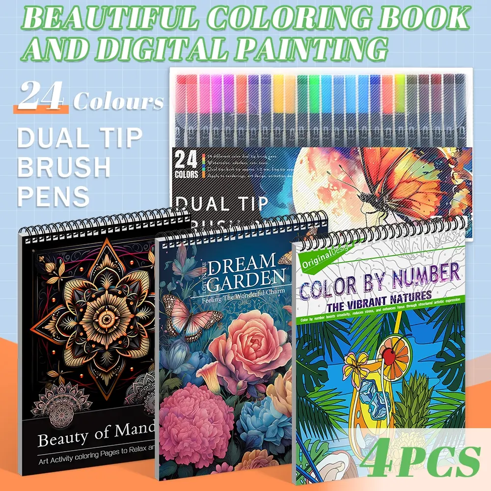 Digital Coloring Book & Marker Set, Art kits, Art markers, Nature and Mandala Themes, Beginner-Friendly Artwork for Relaxation, A4 Spiral Bound, Thick Paper, Not AI Generated, Perfect Gift for Christmas, Easy to Create, Art Crafting Kit