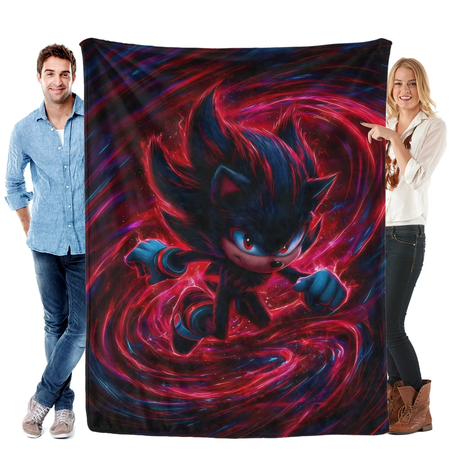 Sonic Shadow the Hedgehog Neon Red Swirl Flannel Blanket, Cool Dark Aesthetic Cozy Throw for Home Decor & Daily Use, Ideal Collectible Gift for Sonic Franchise Fans