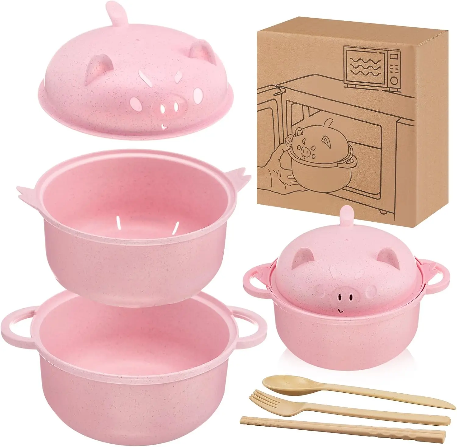 45oz Cute Pig Wheat Straw Ramen Bowl - Microwave Safe Pasta & Kitchen Bowl with Strainer Lid, Spoon, Chopsticks, Fork - Noodle Ramen Tableware for Dorm College Back to School Gift (Black), Pasta Bowls