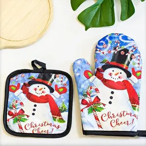 1Set Christmas Oven Gloves Santa Claus Snowman Bell Pattern Insulated Gloves Decorative Gift Home Kitchen Christmas Decoration