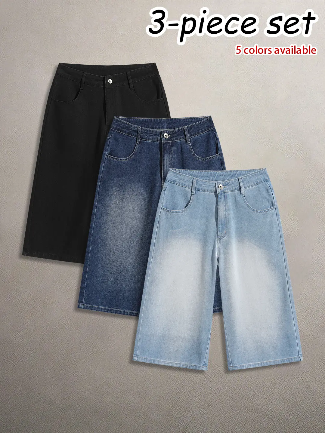 3-pack men’s vintage denim capris with cotton lining; summer loose fit, washed distressed trendy jeans; versatile streetwear capris for everyday casual wear.