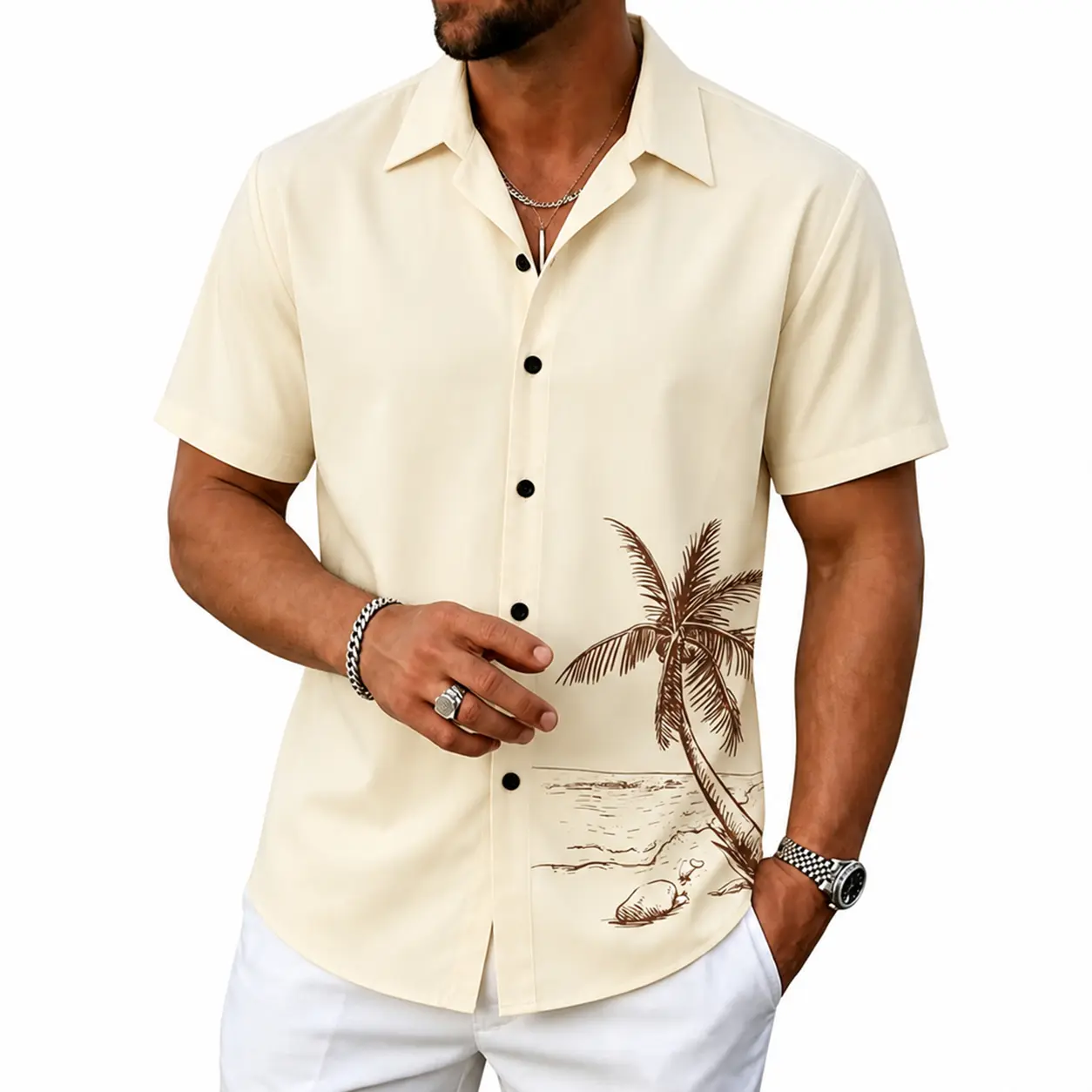 Men's Classic Short-Sleeve Button-Down Shirt, Coconut Palm Print, Soft Lightweight Breathable Menswear, Beach Wear, Regular Fit Tropical Vacation Office Cruise Top, Plus Size 2XS-6XL Plain Big, Shortsleeve