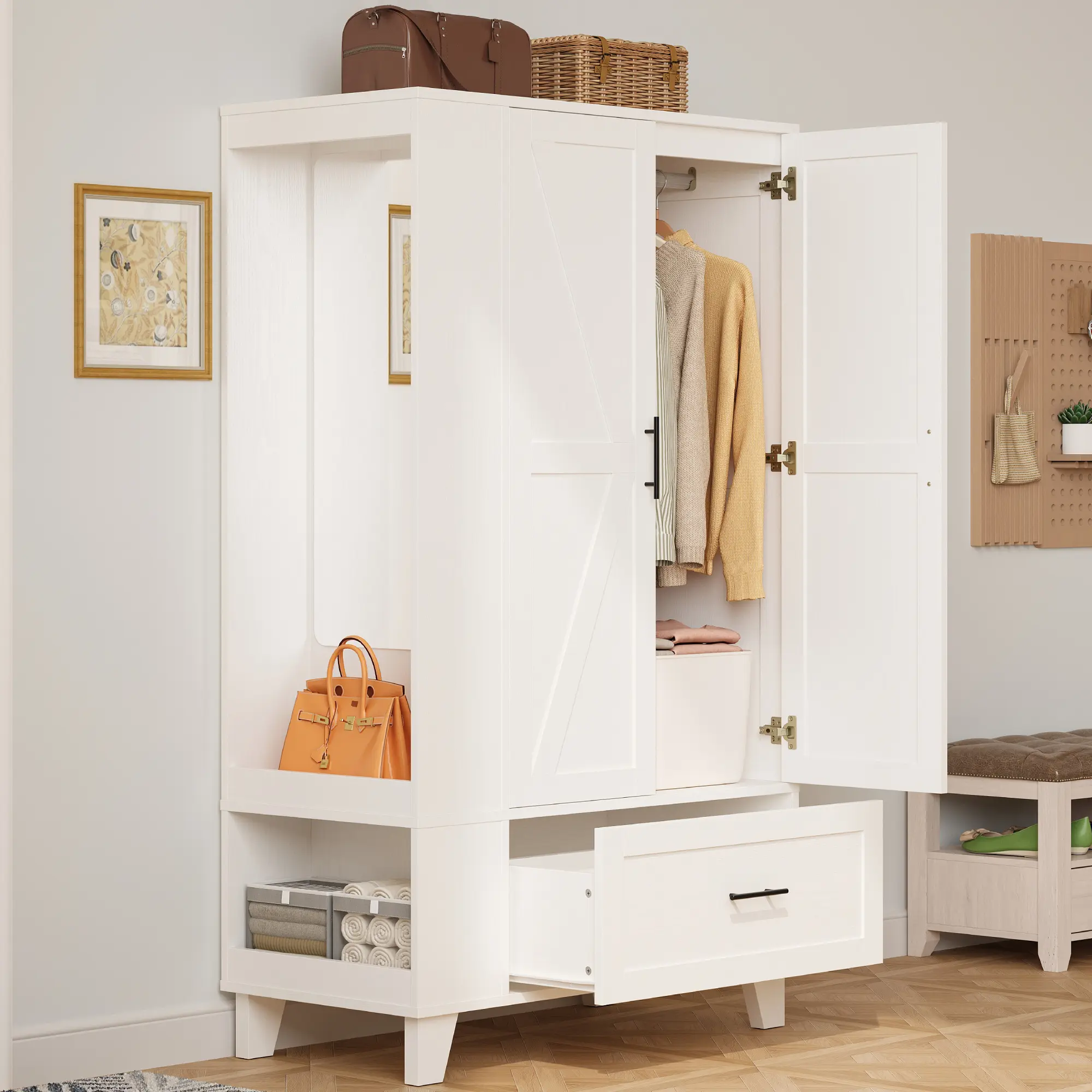 IRONCK 67" Tall Mirrored Wardrobe Closet with Drawer Compartments, Modern Neutral Wood Finish Bedroom Armoire Cabinet with Side Shelves and Hooks, White, Drawer Compartments Wardrobes, Mirrored Wardrobes