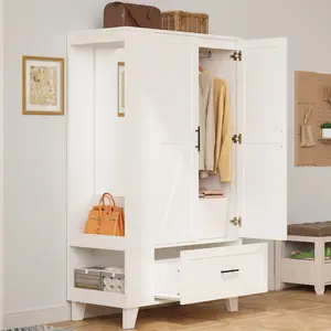 IRONCK 67" Tall Mirrored Wardrobe Closet with Drawer Compartments, Modern Neutral Wood Finish Bedroom Armoire Cabinet with Side Shelves and Hooks, White, Drawer Compartments Wardrobes, Mirrored Wardrobes
