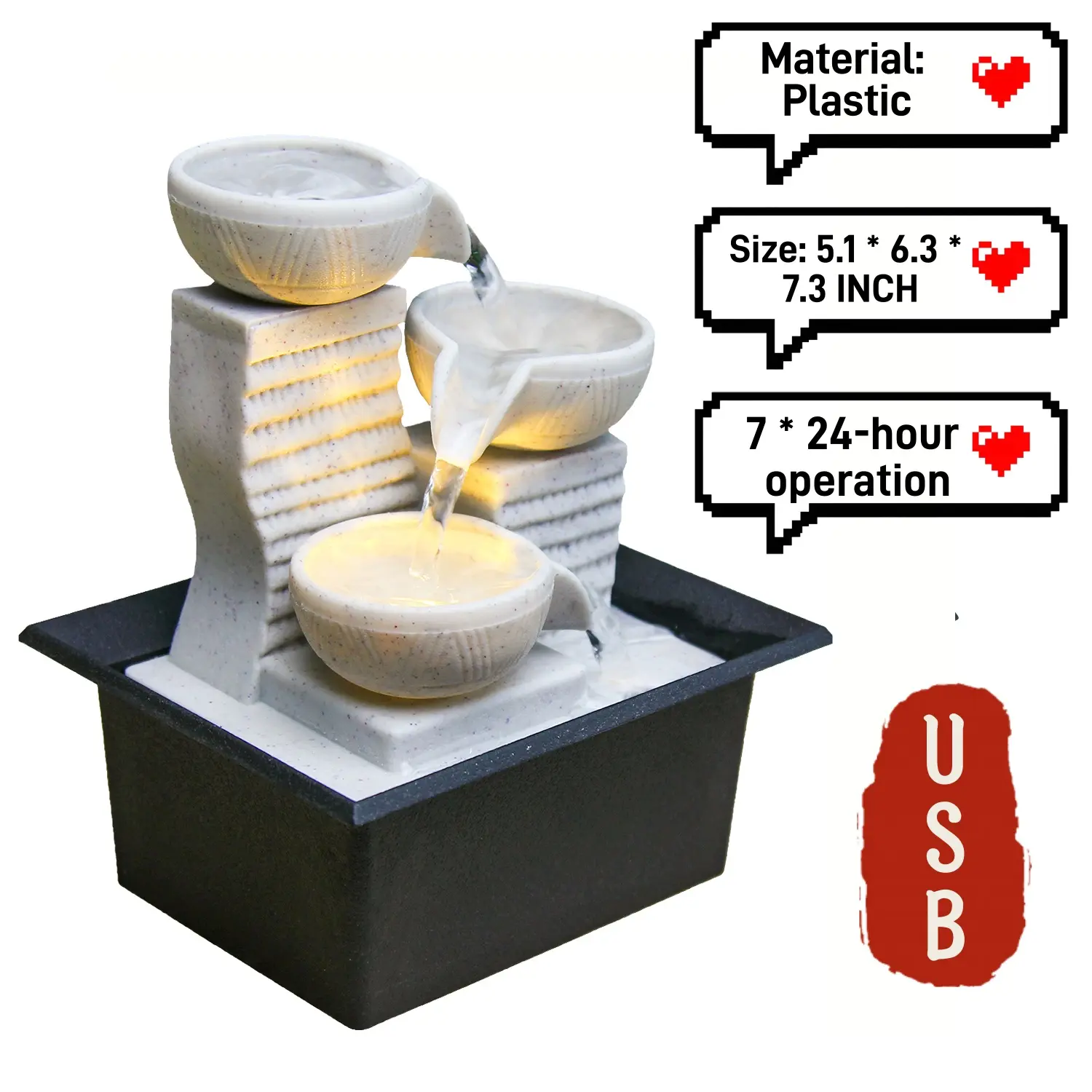 Compact Size Desk Tabletop Water Fountain - ABS Traditional Feng Shui Luck Zen Garden Ornament, ABS Material, USB Plug, Air Humidifying, 13x16x19 cm Pet-Safe Home Decor Craft Birthday Gift, Interior Decoration Accessories