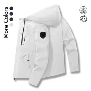 Men's Lightweight Hooded Windbreaker Jacket - Casual Outdoor Fashion Coat with Utility Pockets & Sleeve Patch