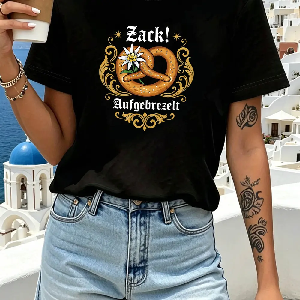 Women's Oktoberfest Letter Print T-Shirt - Classic Cut, Solid, Soft Fabric, Casual German-Style Round Neck Short Sleeve Top for Beer Festivals, Comfortable Casual Wear