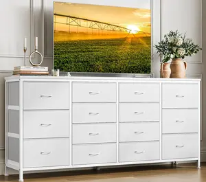 63 In White Wooden-Metal Frame TV Stand Organizer, TV Cabinet Table with 14 Fabric Drawers, Power Outlet and Anti-Tip Kit for Bedroom, Living Room