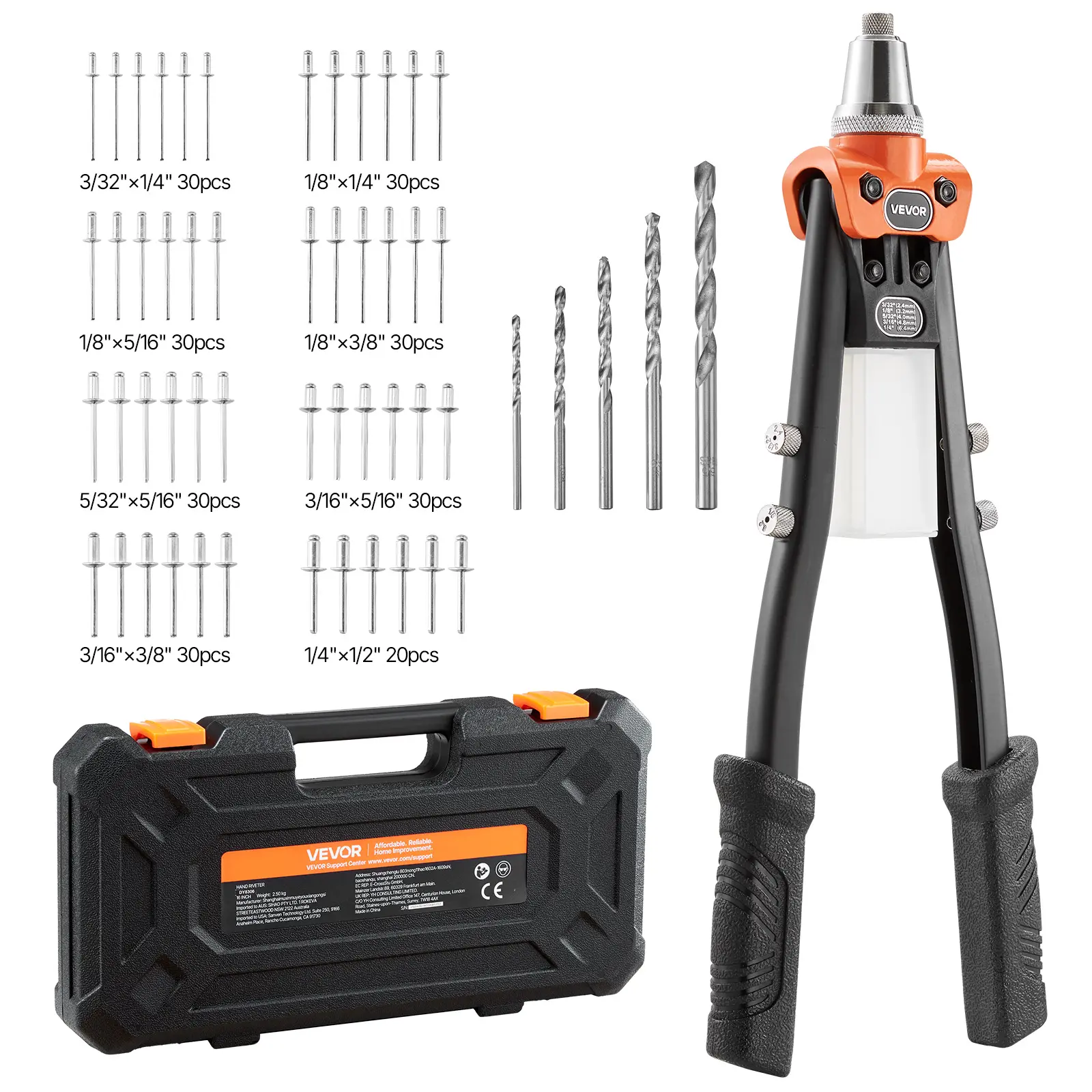 【DealsForYouDays】VEVOR Heavy Duty Carbon Steel 2-Handed Manual Riveting Tool Kit Set, Hand Tools, 230 Blind Rivets, 5 Interchangeable Nosepieces, 5 Drill Bits, Soft Non-Slip Grip, Carrying Case, Simple to Maintain, Smooth Riveting, Metal Automotive Use